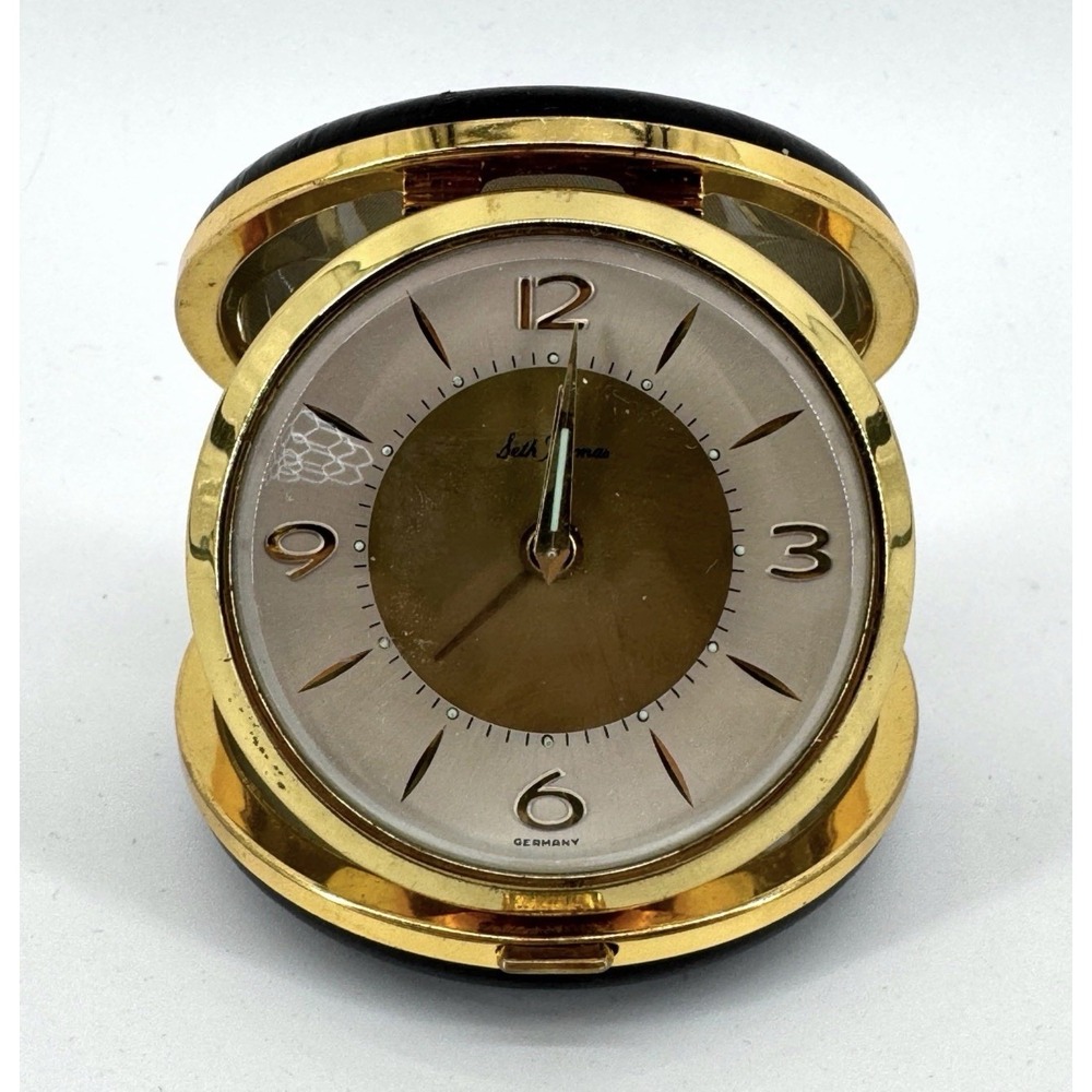 Vintage German Seth Thomas Travel Clock Gold Black Small Works!!